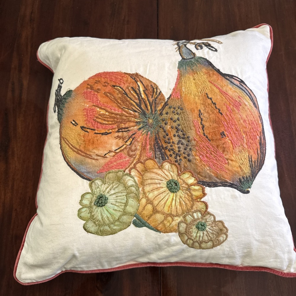 Pottery Barn Throw Pillow Velvet Embroidered Applique Botanical Feather Insert